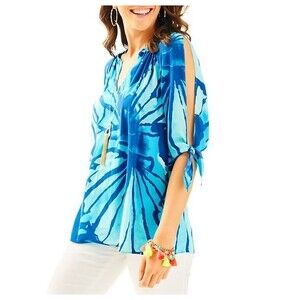 Lilly Pulitzer Bryce Tunic Top S Blue V Neck Slit Sleeve Coastal Resort Beachy